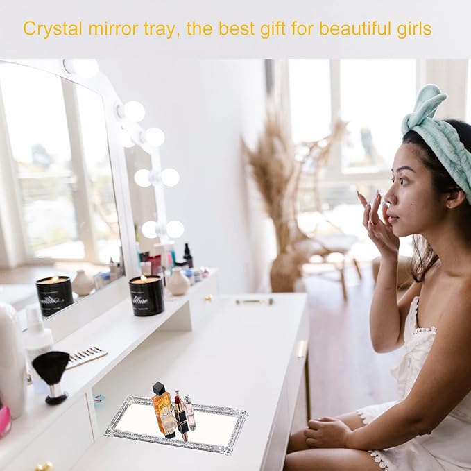 Crystal Glass Serving Tray, Crushed Diamond Filled Modern Glass Mirror Jewelry Trinket Tray, 13.7" x 5.9" Rectangular Makeup Perfume Tray for Bedroom Dresser, Home Decor, Banquet,Party(Silver)