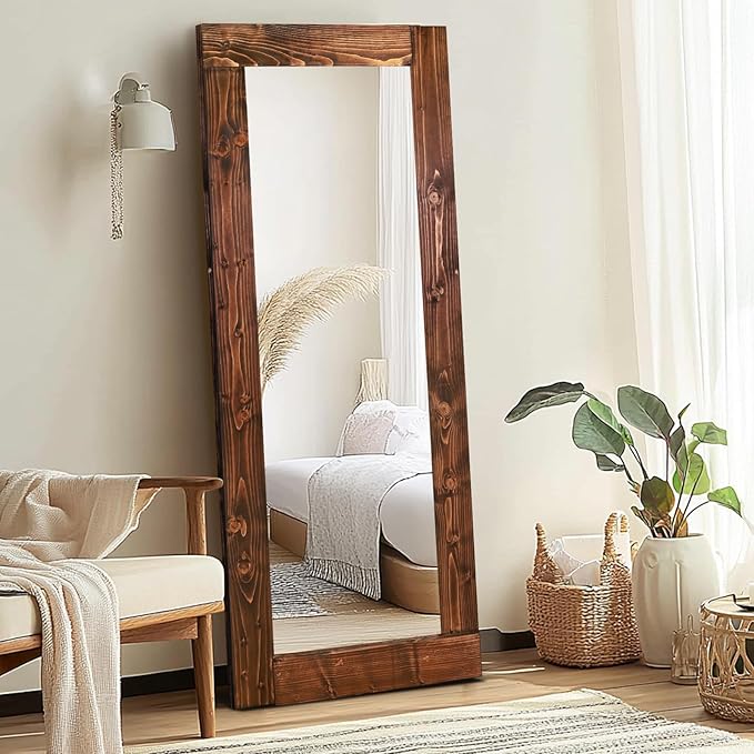 Full Length Mirror 58"x24" – Solid Wood Frame, HD Tempered Glass, Wall Mounted & Leaning, Rustic Modern Decor for Bedroom, Living Room, Entryway, Brown
