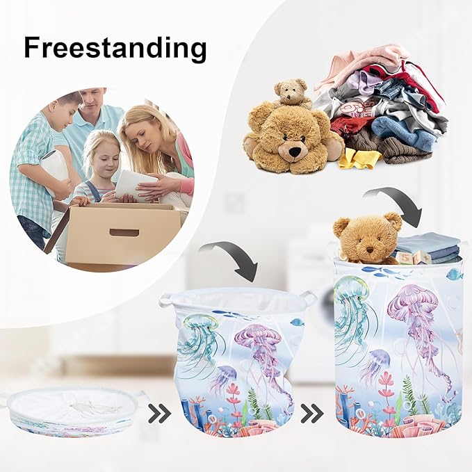 Ocean Animals Baby Laundry Hamper Collapsible Clothes Kids Storage Basket Large Boys Girls Gift Toy Box Bin for Nursery Room, Colorful Jellyfish, 63L