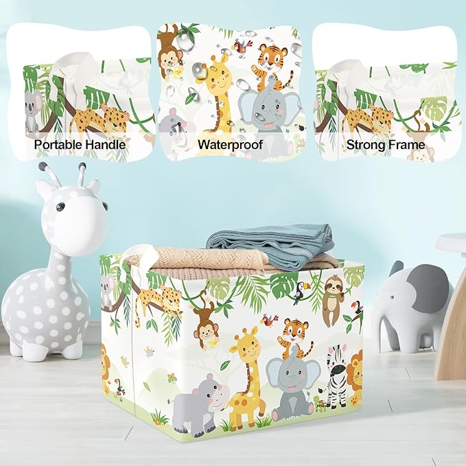 Clastyle Vine Animal Baby Storage Basket Swing Kid Laundry Hamper Boy Girl Gift Toy Box Collapsible Clothes Organizer Nursery Bin for Bedroom, Zebra Tiger Elephant, 40x30x30 cm
