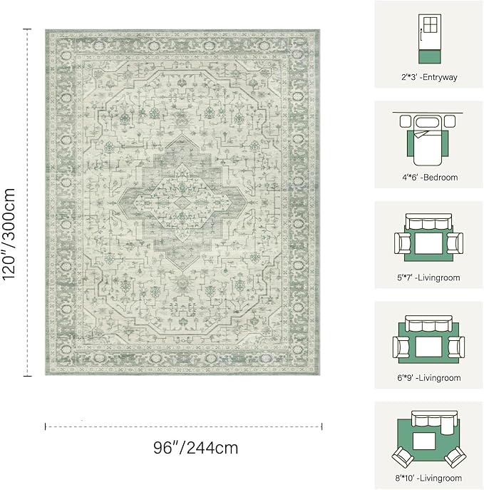 Rugxara 8x10 Washable Area Rug for Living Room, Extra Large Vintage Boho Rugs for Office, Kids Room, Farmhouse, Durable Low Pile Non Slip Carpet for High Traffic Areas, Sage Green