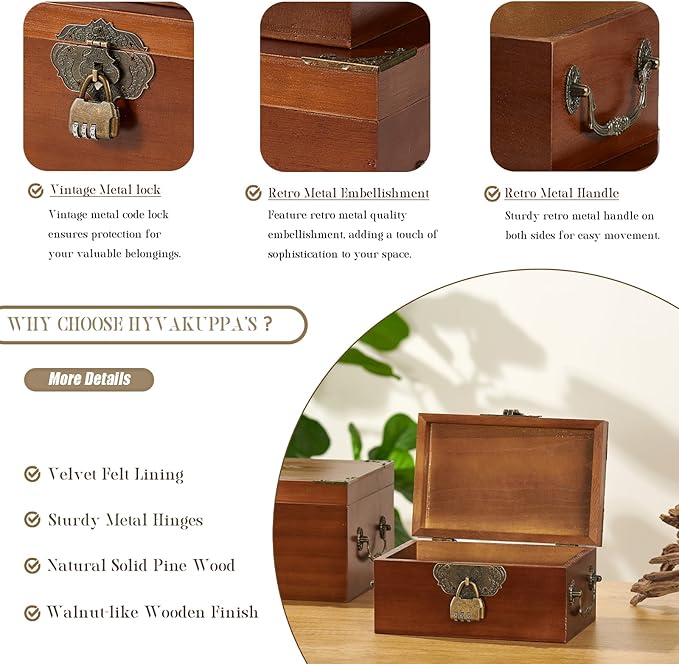 2PCS Decorative Wooden Storage Box with Lids Handmade Memory Box for keepsakes Treasure Chest Box with lock Vintage Wood Baskets Metal Handle Jewelry Desk Organizer Container, Walnut