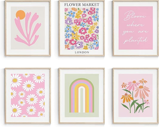 Habseligkeit Pink Danish Pastel Wall Decor for Girls Dorm, Boho Matisse Wall Art Prints, Flower Market Posters for Room Decor Aesthetic Unframed, 8x10in, Set of 6