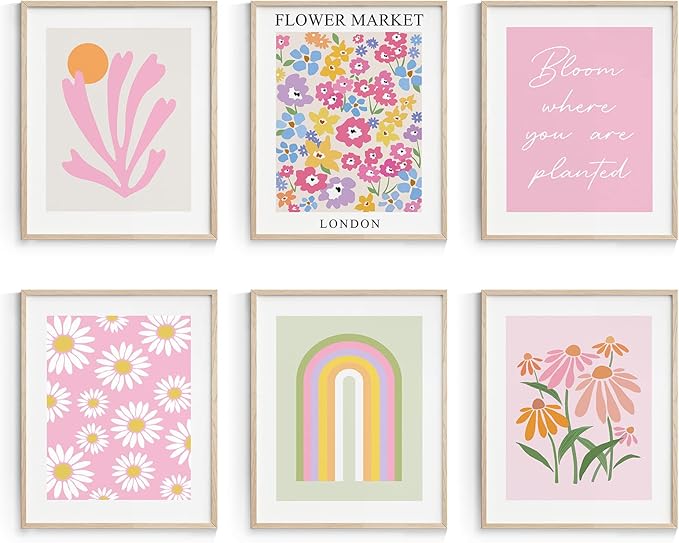 Habseligkeit Pink Danish Pastel Wall Decor for Girls Dorm, Boho Matisse Wall Art Prints, Flower Market Posters for Room Decor Aesthetic Unframed, 11x14in, Set of 6