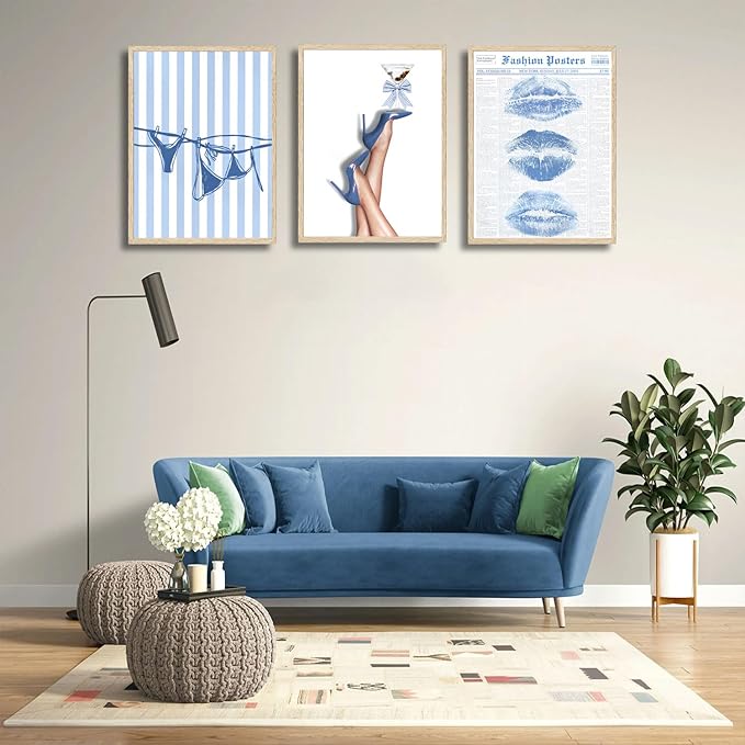 3Pcs Trendy Coquette Wall Art Blue Lips Bikini & Bow Heels Wall Decor Pictures Vintage Martini Newspapaer Canvas Posters Prints for Y2K Girly Room Dorm Apartment Preppy Aesthetic Decor 12x16in