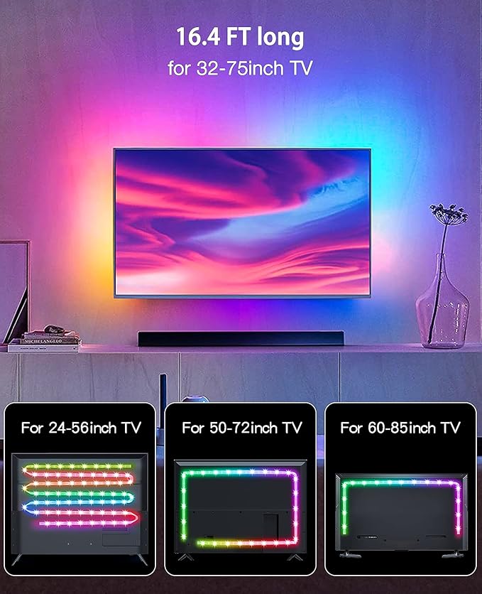 TV Led Backlight, 16.4ft RGB LED Lights for TV Smart Led Lighting for 65-85inch Monitor,USB Strip Lights Behind TV, Color Changing Sync with Music, Bluetooth App Controlled Led Lights for Home Decor