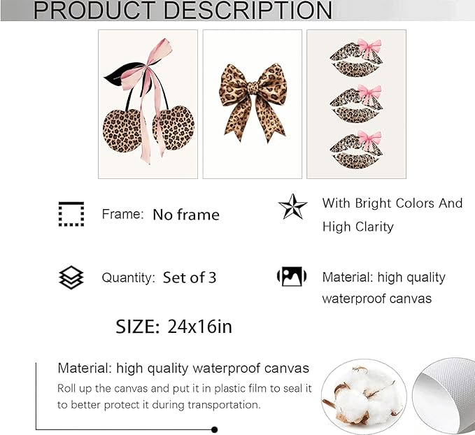 YZLYAD 3Pcs Trendy Leopard Print Wall Art,Fashion Bow Cherry Lips Y2k Poster Pictures,Stylish Preppy Aesthetics Girls' Rooms Canvas Wall Decor for Bedroom Dorm Apartment.24x16in Unframe