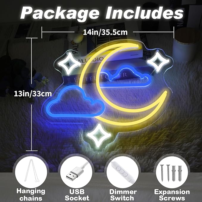 Moon Star Cloud Neon Sign - Moon Star Cloud LED Light for Kids, Teens, Baby Bedroom, Game Room Wall Decor - Dimmeable Premium USB Powered Neon Night Light with On/Off Switch - 14x13-Inch