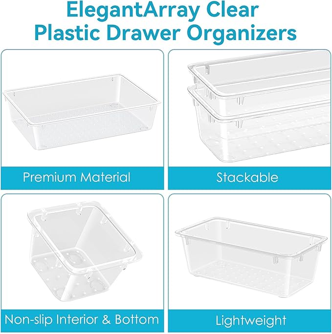 ElegantArray 36 PCS Drawer Organizer Set, 4 Sizes Tool Storage Trays, Clear Plastic Makeup Vanity Organizer and Storage Bins for Makeup, Stationeries, Multiple Gadgets for Bathroom, Office, Bedroom