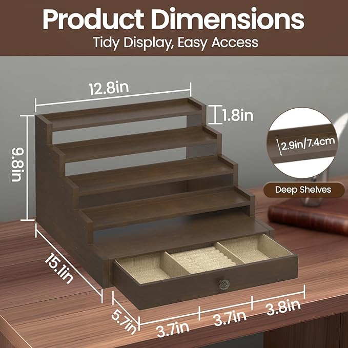 MODOWEY Perfume Organizer Cologne Holder Stand for Men, Wooden Wide-Spaced Shelf with Drawer, 5 Tier Large Capacity Storage Rack for Dresser Countertop, for a Neat, Accessible Fragrance Display, Brown