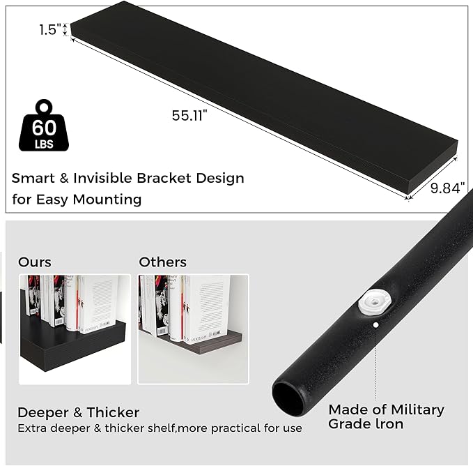 Venusmiles Floating Shelves for Wall 55 inch Long, Engineered Wood Large Wall Shelves with Invisible Brackets for Living Room Bedroom Bathroom Office Kitchen Decor and Storage, Black Finish, Set of 1