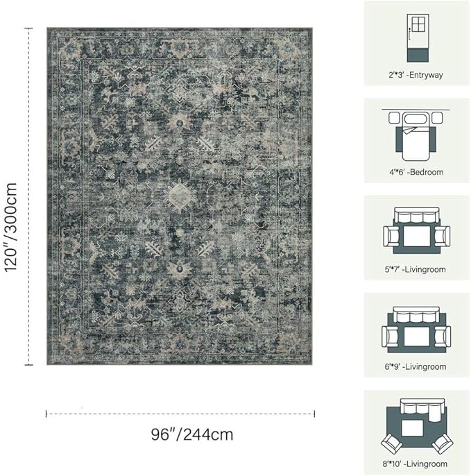 Rugxara 8x10 Area Rugs for Living Room Bedroom, Large Washable Rug, Blue Vintage Retro Boho Rug, Non Slip & Low Pile Faux Wool Thin Carpet for Indoor Dining Room and Kids Room(Blue 8x10ft)