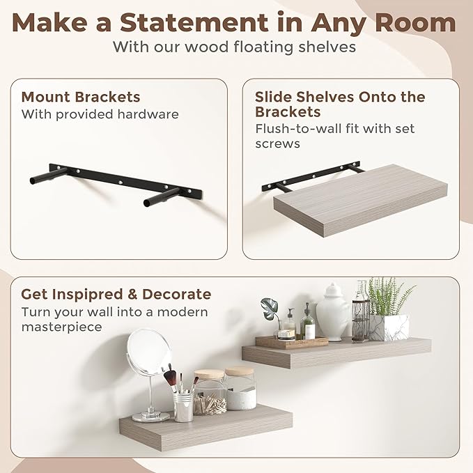 Fun Memories 32 Inch Grey Floating Shelves for Wall, 12 Inch Deep Shelves for Bathroom|Kitchen|Bedroom, Wall Mounted Rustic Wood Floating Shelf with Invisible Brackets for Books|Storage|Decor, 2 Pack