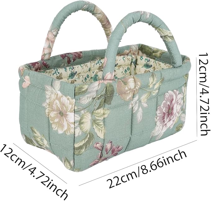 Mini Storage Basket, Small Quilted Boho Fabric Organizer Bin with Handle, Portable Collapsible Basket for Socks, Keys, Diaper