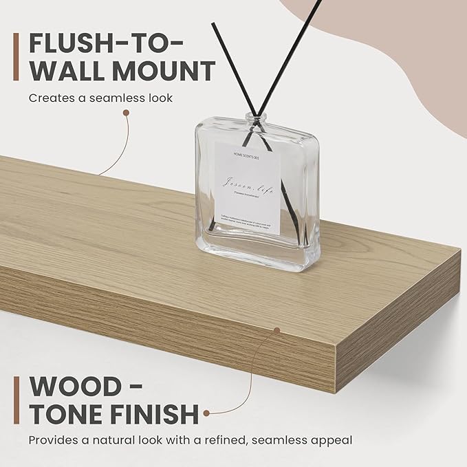 Acovy 72 Inch Floating Shelves, 8 Inch Deep Floating Shelves for Wall, Hanging Shelf with Invisible Brackets, Deep Shelves for Bathroom, Bedroom, Living Room, Oak, Set of 1