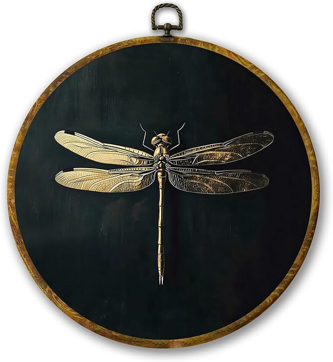 Mcehtle Moody Dragonfly Wall Art Decor, Vintage Dark Academia Insect Framed Canvas Prints 10x10, Cottagecore Minimalist Round Wall Hanging Artwork Decorations for Gallery Bedroom Living Room