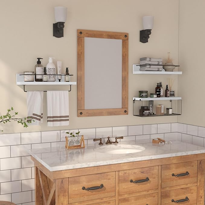 PopiShelves Bathroom Shelves Over Toilet for Wall, Floating Shelves with Storage Basket Paper Holer for Kitchen Living Room, Bedroom & Classroom, Set of 3 (White and Black)