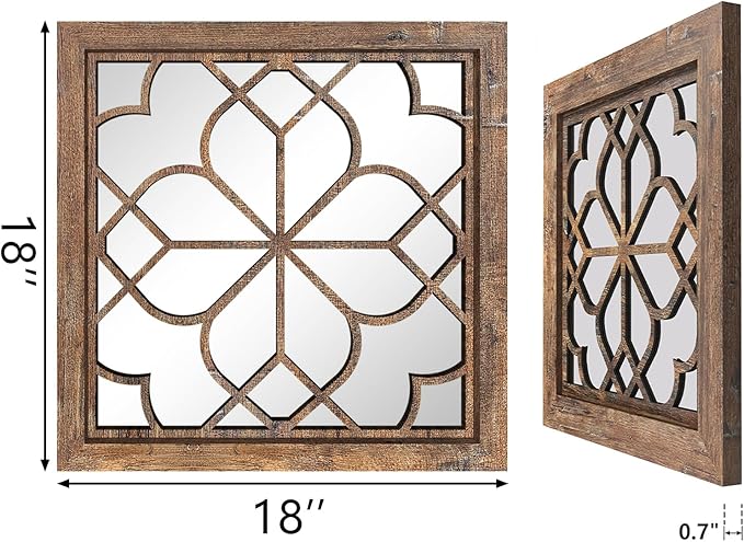 Set of 2 18 Inch Large Square Redbrown Window Pane Wall Mirrors, Shatterproof Rustic Farmhouse Boho Vintage Accent Mirrors for Living Room, Bedroom, Bathroom, Entryway & Home Decor