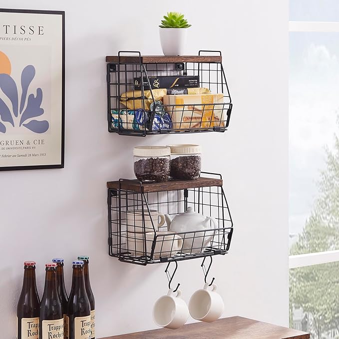 Wall Storage Hanging Baskets 2 PACK - Wooden Top Wire Basket Organizers & S Hooks - Assemble Floating Shelf Racks for Pantry Kitchen Office Bathroom Garage Organization (Large)
