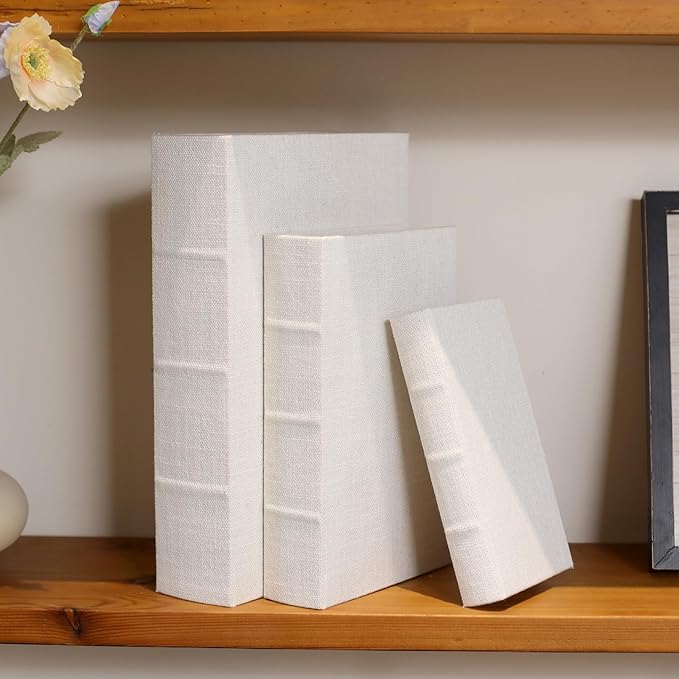 DECOR4SEASON Decorative Book Boxes Set of 3 – Modern Faux Linen & Wood Hidden Storage for Coffee Table – Stackable Fake Books for Shelf Decor, Remote Control & Jewelry Organizer (Off White)