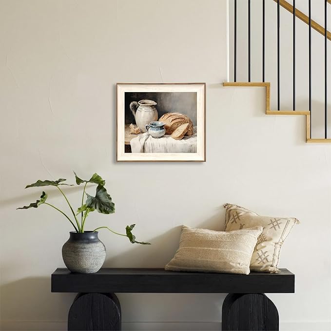 ASTRDECOR Framed Kitchen Wall Art, Modern Muted Still Life Painting Farmhouse Wall Decor, Sourdough Bread Canvas Wall Art Prints, Rustic Jars White Tablecloth Country Wall Decor Living Room-10''x 12''