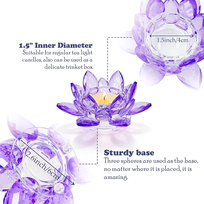 2 Pcs Purple Crystal Lotus Flower Tealight Candle Holder | Glass Votive Candlestick Decor for Home, Wedding, Party & Christmas Table Centerpieces