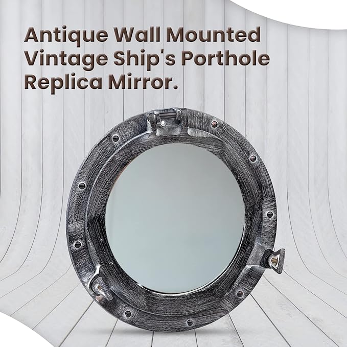 12 Inch Bathroom Wall Decor Ship Porthole Mirror with Antique Gray Finish – Vintage Round Wall Mounted Mirror for Bathroom Vanity, Nautical Pirate Coastal Vintage Home Décor