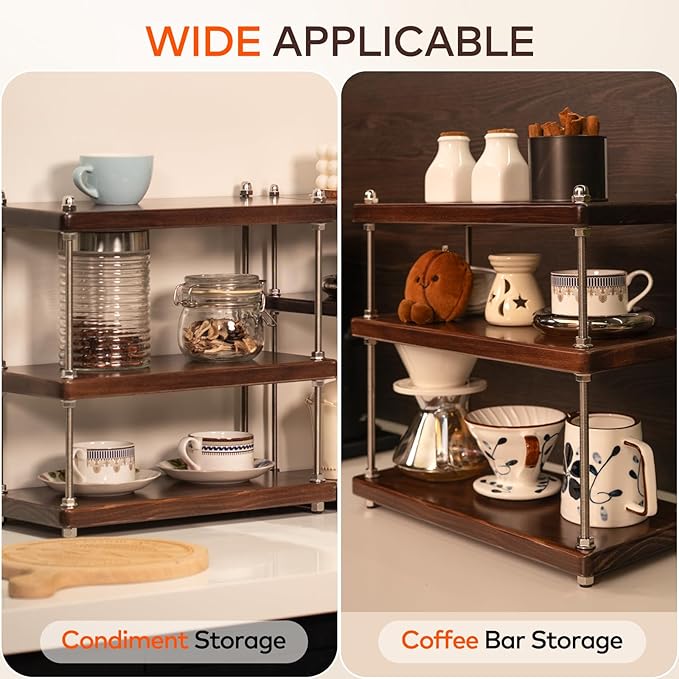 Ultra-Thick 24mm Solid Wood Coffee Station Organizer&Spice Rack for Kitchen Countertop, Corner Industrial 3-Tier Adjustable Shelf with 10mm 304 Thread Rods for Espresso Gear, Walnut Finish