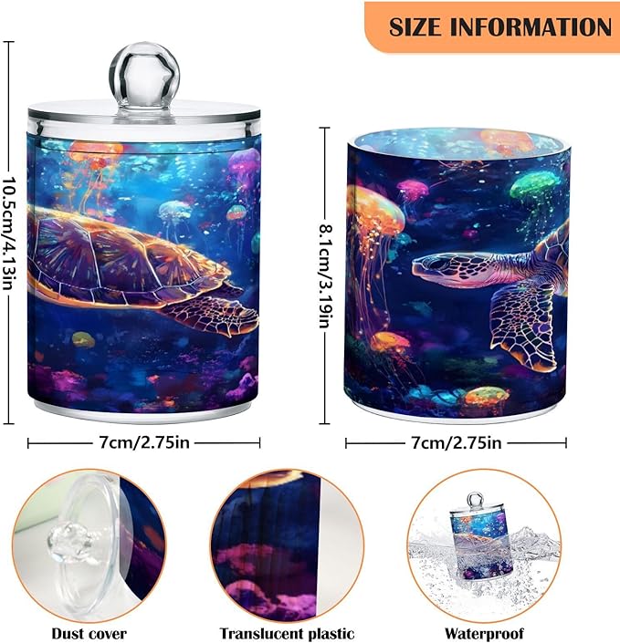 Colourful Jellyfish Ocean Turtle Qtip Holder Dispenser Clear Plastic Apothecary Jar with Lid Bathroom Organizer Vanity Makeup Storage Containers for Cotton Ball, Cotton Swab, Floss, 2 Pack