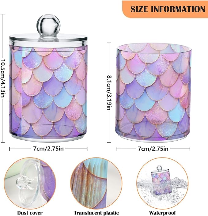 2 Pack Apothecary Jars Light Pink Fish Scales Bathroom Vanity Storage Organizer Set,Small Clear Plastic Storage Jars Bathroom Canister for Cotton Swabs, Rounds, Balls, Qtips,Makeup Sponges, Fl
