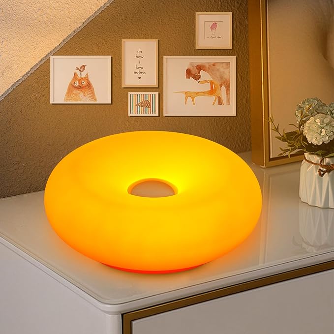 Donut Table Lamp,Creative Orange Donut Atmosphere Lamps with Plastic Shade,Retro-Modern Table Light,3-Color Dimmable Nightstand Lamp for Bedroom and Desk, Aesthetic Home Decor & Gifts (Orange)