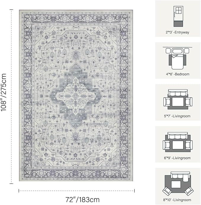 Rugxara 6x9 Washable Area Rug for Living Room, Vintage Large Boho Rugs for Office, Dining Room, Kids Room, Farmhouse, Durable Low Pile Non Slip Carpet for High Traffic Areas, Blue Quartz