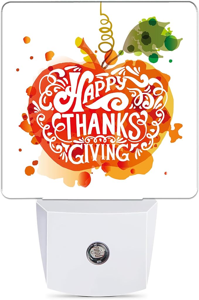 Happy Thanksgiving Night Light, Watercolor Pumpkin Plug into Wall with Dusk to Dawn Light Sensors, Warm Nightlights for Bedroom, Bathroom, Hallway, Kitchen, Gifts Ideal for Women Men