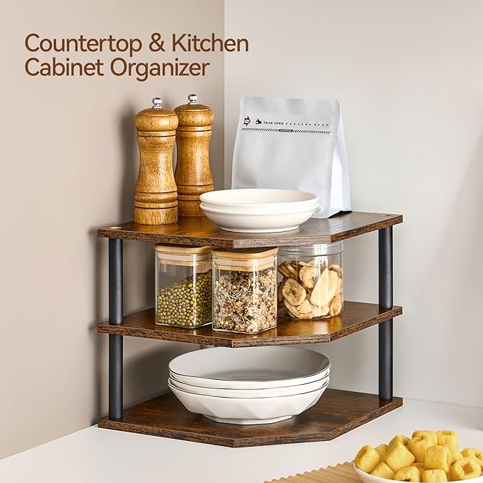 Wooden 3-Tier Corner Shelf, Kitchen Countertop Dish & Bread Organizer Counter Stand Storage for Desktop Bedroom Bathroom Small Space Counter Decor