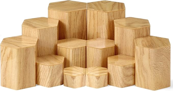 Jetec Hexagonal Jewelry Display Risers Hexagonal Market Display Risers Stands Acrylic Showcase Acrylic Stand for Jewelry Model Figures Decoration, 6 Sizes(Woodgrain,12 Pieces)