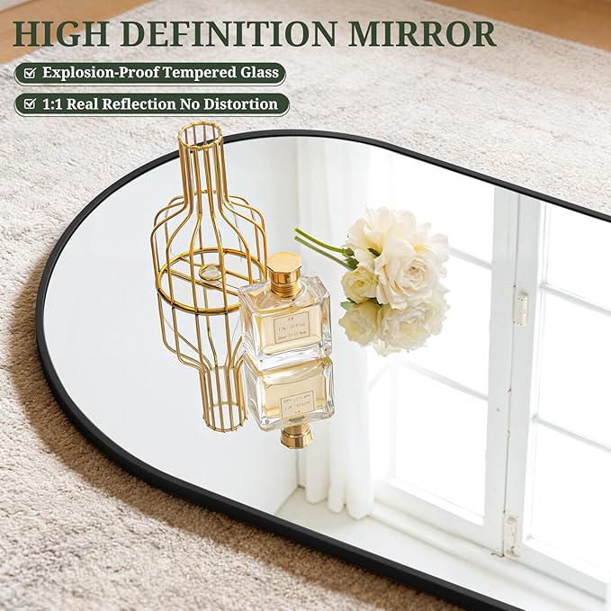 Mirror Full Length 59"x16" Full Body Floor Mirror with Stand, Shatterproof Glass, Aluminum Alloy Frame, Free Standing Wall Mounted or Leaning Arched Mirrors for Bedroom Living Room Entryway