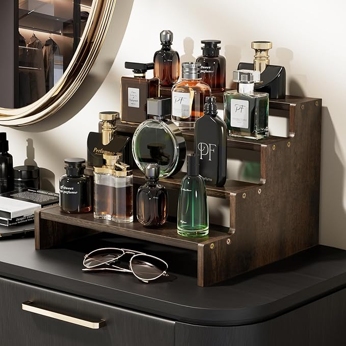 ProCase Wooden Cologne Organizer for Men, 4 Tier Perfume Organizer, Mens Cologne Stand Holder Storage, Display Riser Shelf Rack for Fragrances Candles Cosmetics Cupcake Figure Spice -Brown
