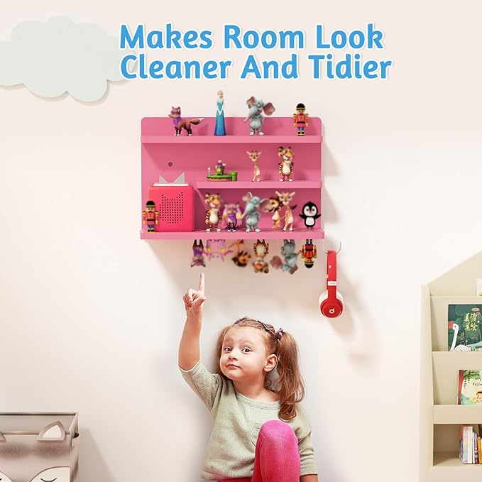 for Tonies Shelf Magnetic - Tonies Figure Organizer for Kids Room, Wooden Magnetic Display Shelf for Tonies Box Holder, Wall Floating Shelves Toy Storage Compatible Charging Station (3 Tier, Pink)