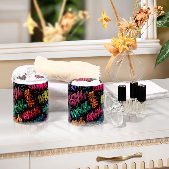 2 Pack Apothecary Jars Artistic Graffiti Font Bathroom Vanity Storage Organizer Set,Small Clear Plastic Storage Jars Bathroom Canister for Cotton Swabs, Rounds, Balls, Qtips,Makeup Sponges, Flo