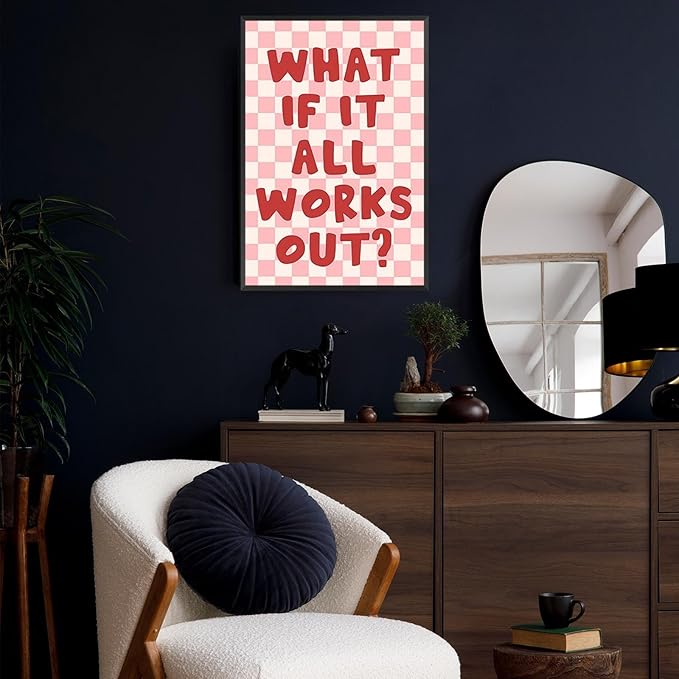What If It All Works Out Wall Art Daily Positive Affirming Quote Posters Minimalist Pink And White Checkered Room Aesthetic Paintings For Home Bedroom Dorm Wall Decor 12x16in Unframed