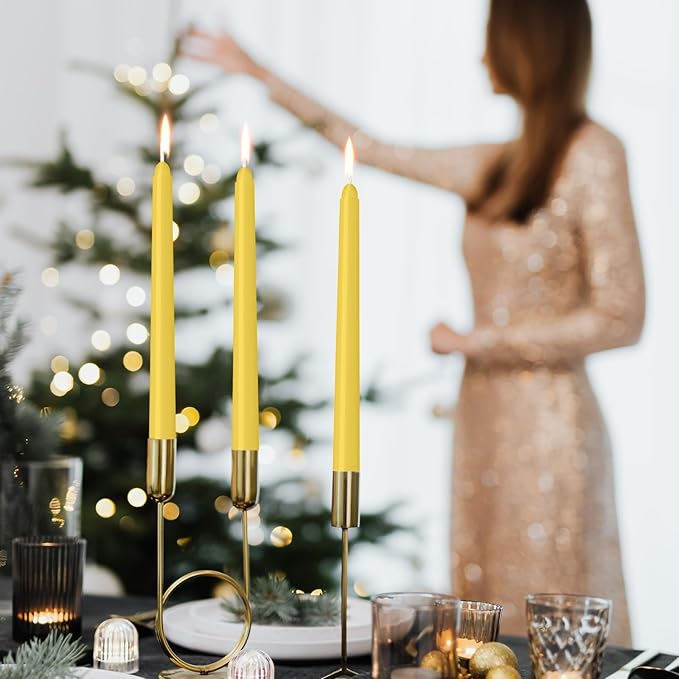LYOBATH 30 Pack Yellow Taper Candles - Taper Candles 10 Inch Dripless, Smokeless & Unscented - 8 Hours Long Burning - Ideal for Weddings, Dinner Parties, and Home Decor