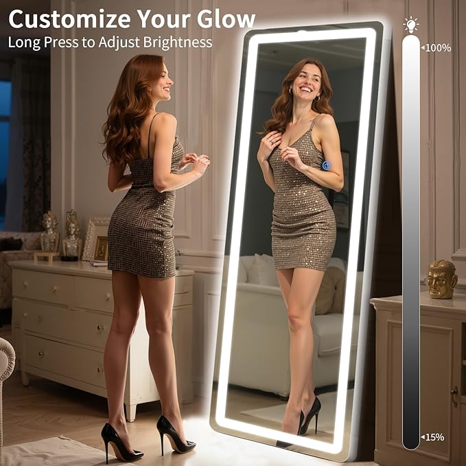 Standing Mirror Full Length with LED Lights, 65"x26" Lighted Mirror with Dimming & 3 Color Lighting, Tall Mirror Full Body for Bedroom, Dressing Room