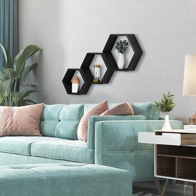 PHOENANCEE Hexagon Floating Shelves,Honeycomb Shelves Set of 3,Wall Mounted Wood Farmhouse Hexagonal Storage Shelf for Bathroom, Kitchen, Bedroom, Living Room