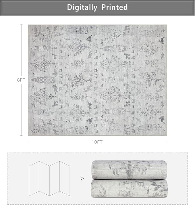 Srugn Washable Rugs 8x10 Area Rugs for Living Room,Bedroom,Dining Room- Large Ultra Soft Faux Wool Retro Carpet,Non Slip&Non-Shedding Low Pile Vintage Rug for Home Office Dorm Playroom-Tree Gray