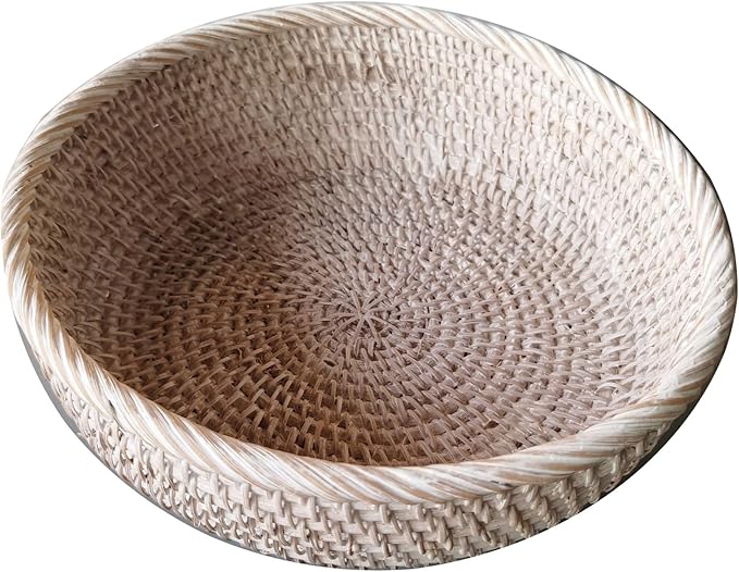 Wash White Round Rattan Bowl Basket,White Decorative Handmade Wicker Basket Bowl with Deep Wall, Decorative Woven White Bread Basket Fruit Bowl Key Holder Table Centerpiece