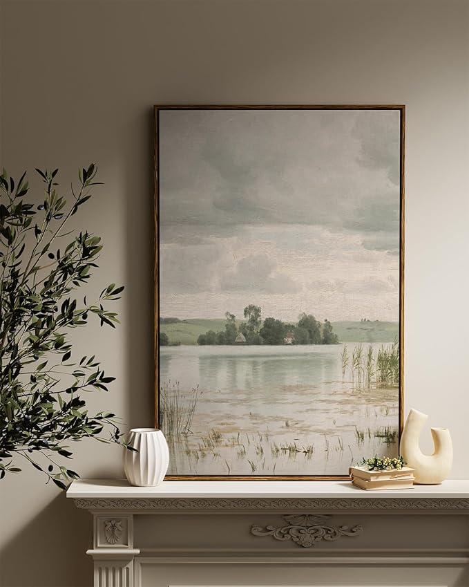 InSimSea Framed Canvas Prints Art Vintage Decor, Countryside Lakeside Landscape Paintings, Large Prints, Retro Hanging Wall Decorations for Bathroom Bedroom Living Room, 24"x36"