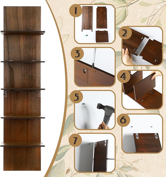 Yuntau 2 Pieces 5 Tier Wall Shelves for Bedroom 31.4 Inches Split Assembly Type Mount Vertical Wall Shelf Column Lack Hanging Floating Shelf for Storage Organizer Design Home Living Room(Walnut)