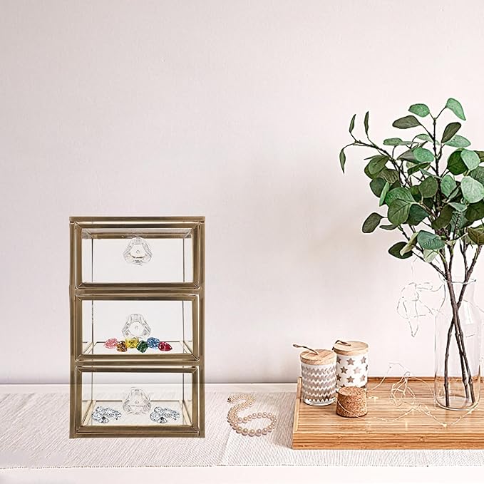 DOITOOL Drawer Jewelry Storage Box with Alloy Frame Transparent Glass Display Case for Small Accessories Versatile Makeup and Office Organizer Space-saving Compact Design for Home and Dorm