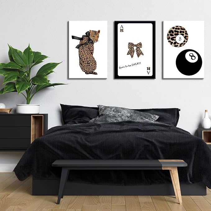 Set of 3 Trendy 8 Ball Leopard Canvas Wall Art Ace Card Bow Wall Decor Pictures Funky Born To Be Lucky Posters Prints Preppy Aesthetic Cheetah Room Decor for Girls Bedroom Apartment Dorm 16x24in