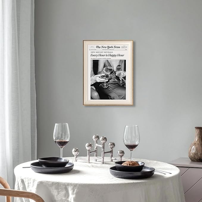 ASTRDECOR Framed Trendy NewsPaper Wall Art - Every Hour is Happy Hour, Retro News Prints Posters, New York Times Canvas Prints for Bar Cart Dorm Living Room Apartment Home Decor 12x16in